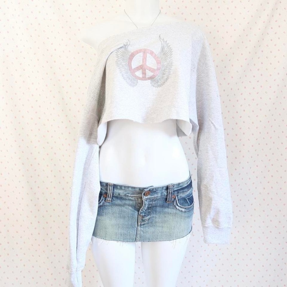 Y2K Winged Peace Sign Rhinestone Sweatshirt McBling Off Shoulder Top